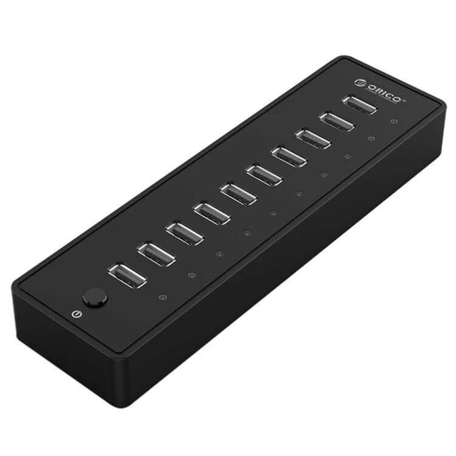 Orico 10-Port USB Hub for Connecting Multiple Devices Black — slim desktop hub with 10 USB ports for charging and syncing in home office