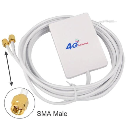 4G LTE Antenna with SMA Male Connector for Signal Boosting on Routers - white flat panel antenna with long cable and dual SMA male plugs