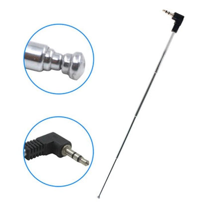 Compact Retractable FM Radio Antenna for Mobile Phones with 3.5mm Port - telescoping silver antenna with right-angle 3.5mm plug for improved FM reception