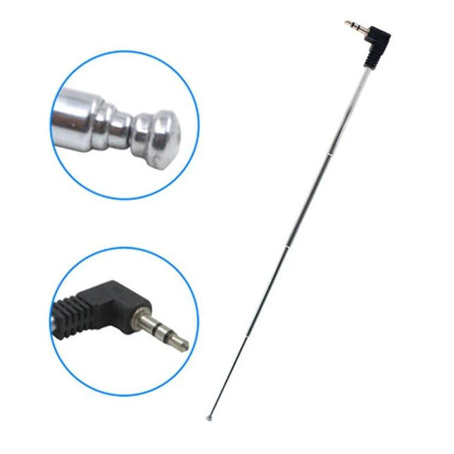 Compact Retractable FM Radio Antenna for Mobile Phones with 3.5mm Port - telescoping silver antenna with right-angle 3.5mm plug for improved FM reception