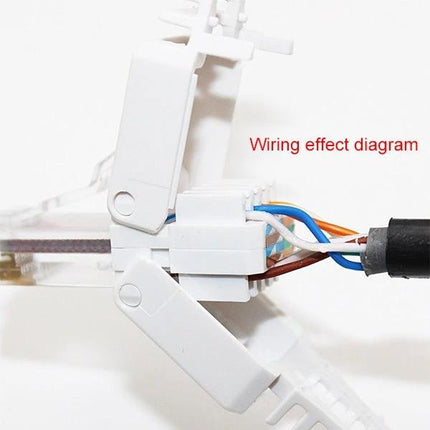 Tool-Free RJ-45 Modular Plug for Cat5e Network Cables showing wiring effect diagram and inserted twisted pair cable