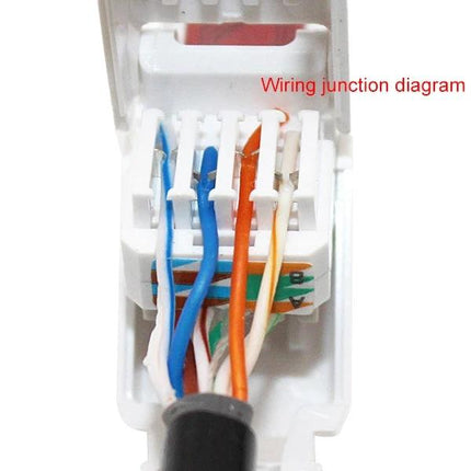 Tool-Free RJ-45 Modular Plug for Cat5e Network Cables showing wired color-coded pairs in a wiring junction diagram inside the plug
