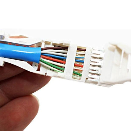 Tool-Free RJ-45 Modular Plug for Cat5e Network Cables showing hand-installation of wires into the plug for quick tool-free cable assembly