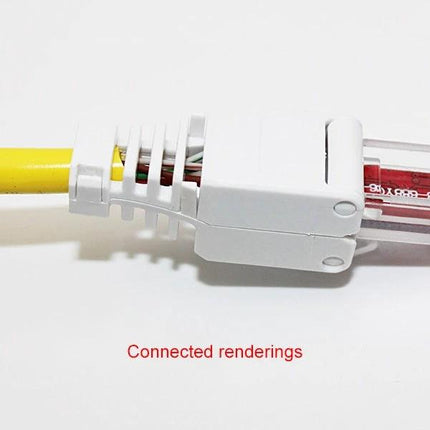 Tool-Free RJ-45 Modular Plug for Cat5e Network Cables showing quick hands-on connection on a yellow Cat5e cable