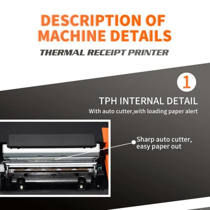 Wireless Bluetooth Thermal Receipt Printer for Retail POS Systems showing internal TPH detail and auto cutter for fast wireless receipt printing