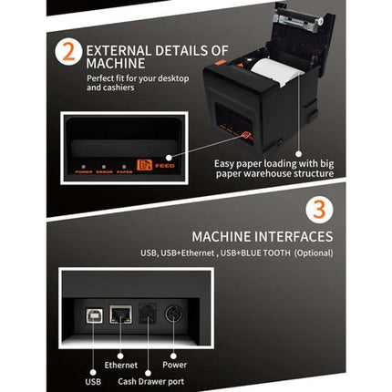 Wireless Bluetooth Thermal Receipt Printer for Retail POS Systems showing external details, paper loading, USB, Ethernet, cash drawer and power ports