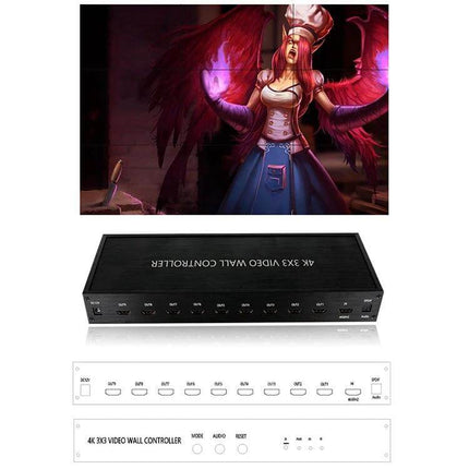 HDMI Video Wall Controller for Multi-Screen Display Setups showing 1x9 HDMI output unit with example 3x3 video wall image