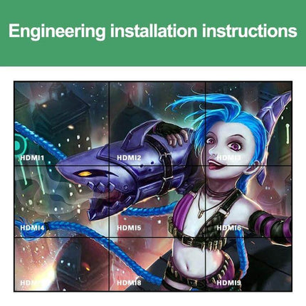 HDMI Video Wall Controller for Multi-Screen Display Setups showing 3x3 HDMI video wall with labeled HDMI1–HDMI9 and colorful character artwork
