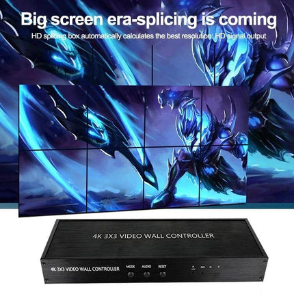 HDMI Video Wall Controller for Multi-Screen Display Setups - 4K 3x3 HDMI video wall controller showing spliced multi-screen gaming artwork