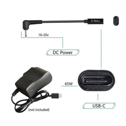 USB-C to 4.0 x 1.35mm DC Power Adapter Charging Cable showing right-angle 4.0x1.35mm DC tip, USB-C connector, and 65W power labeling