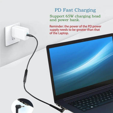 USB-C to 4.0 x 1.35mm DC Power Adapter Charging Cable connecting laptop to wall PD fast charging 65W compact 16.5cm travel charger cable