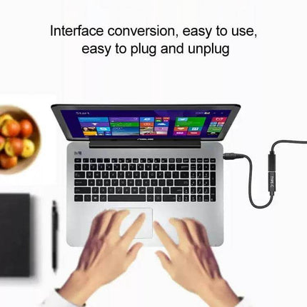 USB-C to 7.9 x 5.5mm Charger Cable for Device Charging shown connecting laptop for compact, travel-friendly charging (17.5 cm)