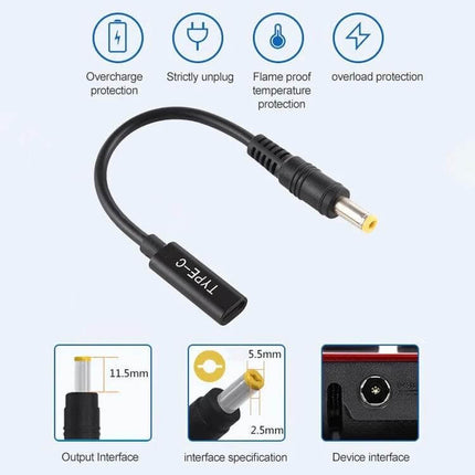 USB-C to 5.5 x 2.5mm Charger Cable for Portable Device Powering compact 17.5cm cable showing Type-C to 5.5x2.5mm DC connector