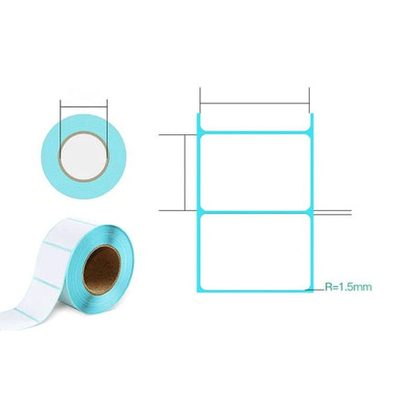 80mm x 40mm Self-Adhesive Thermal Labels for Barcode Use - roll of white rectangular labels with teal backing and dimensional diagram