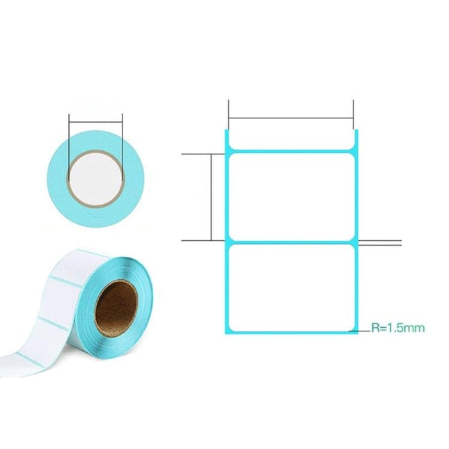 80mm x 40mm Self-Adhesive Thermal Labels for Barcode Use - roll of white rectangular labels with teal backing and dimensional diagram