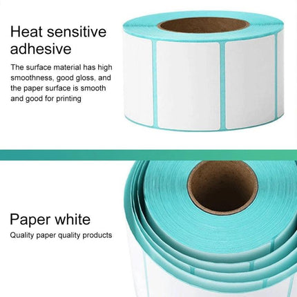 Roll of 80mm x 40mm Self-Adhesive Thermal Labels for Barcode Use showing heat-sensitive white labels on blue core for thermal printing