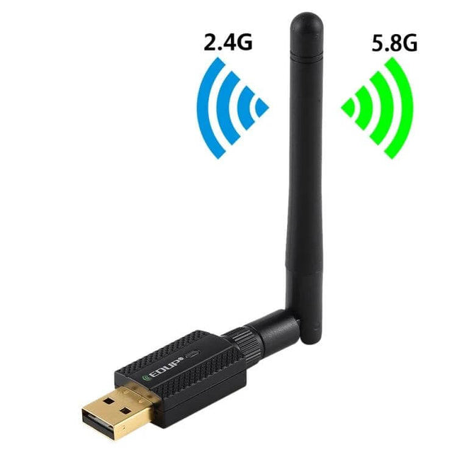 EDUP Dual Band Wireless USB Adapter for WiFi and Bluetooth Connectivity showing USB dongle with external antenna and 2.4GHz/5.8GHz band icons