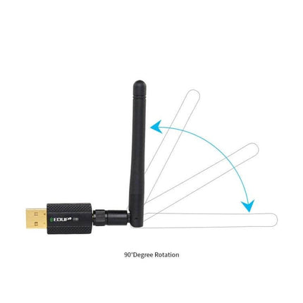 EDUP Dual Band Wireless USB Adapter for WiFi and Bluetooth Connectivity showing adjustable 90° rotating external antenna for improved signal reception