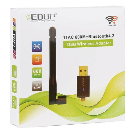EDUP Dual Band Wireless USB Adapter for WiFi and Bluetooth Connectivity shown in retail box with antenna and USB dongle
