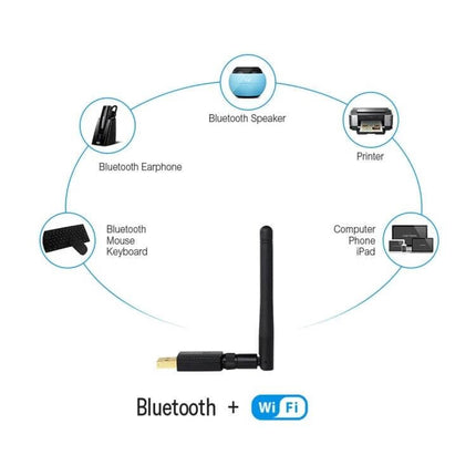 EDUP Dual Band Wireless USB Adapter for WiFi and Bluetooth Connectivity showing adapter with antenna and icons for Bluetooth speaker, earphone, mouse, keyboard, printer, and devices