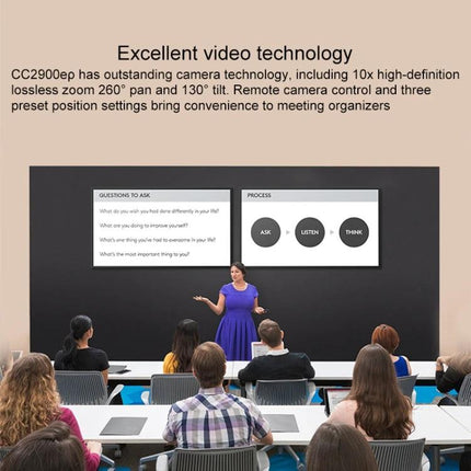Logitech Conference Camera for Business Video Meetings, EU Plug showing presenter and audience in a conference room with dual screens