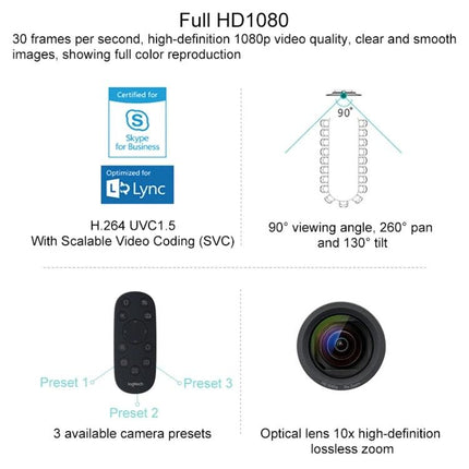 Logitech Conference Camera for Business Video Meetings, EU Plug full HD1080 group conference view 90° angle remote presets optical 10x zoom
