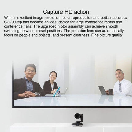 Logitech Conference Camera for Business Video Meetings, EU Plug capturing HD conference room with three participants and table