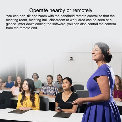 Logitech Conference Camera for Business Video Meetings, EU Plug capturing a presenter and seated attendees in a conference room