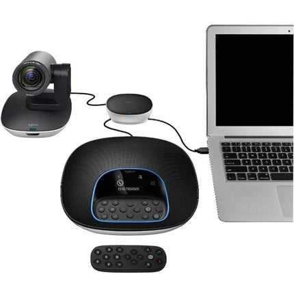 Logitech Professional Webcam for Business Video Conferencing, EU Plug connected to laptop with speakerphone and remote in office setup