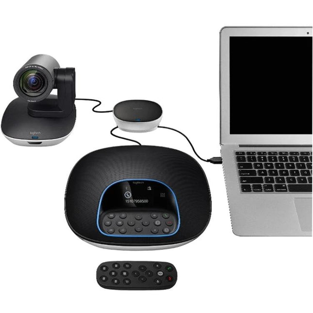 Logitech Professional Webcam for Business Video Conferencing, EU Plug connected to laptop with speakerphone and remote in office setup