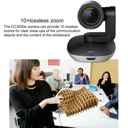 Logitech Professional Webcam for Business Video Conferencing, EU Plug showing 10x lossless zoom and office meeting demonstration