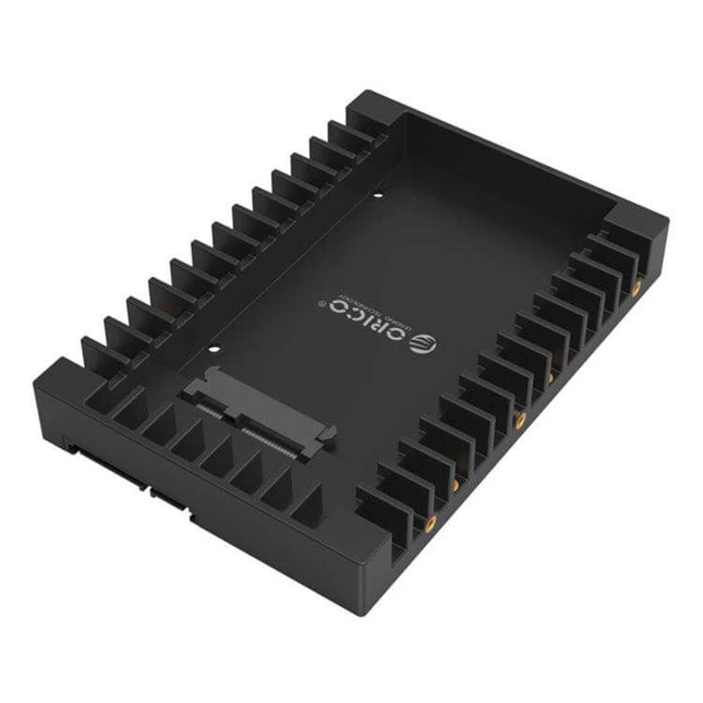 Orico 2.5 to 3.5 Inch Hard Drive Adapter for Computers - black plastic desktop 2.5in-to-3.5in mounting bracket with heat-dissipating fins