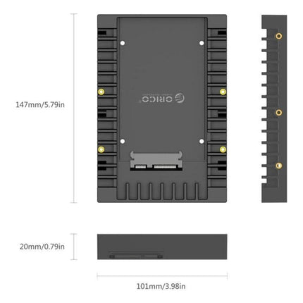 Orico 2.5 to 3.5 Inch Hard Drive Adapter for Computers showing measurements and SATA connector layout