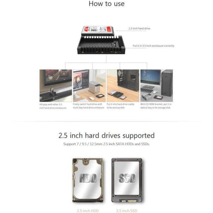 Orico 2.5 to 3.5 Inch Hard Drive Adapter for Computers showing installation and supported 2.5 inch HDD and SSD use cases
