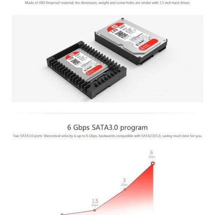 Orico 2.5 to 3.5 Inch Hard Drive Adapter for Computers installed in desktop bay showing SSD in adapter and SATA3 performance chart