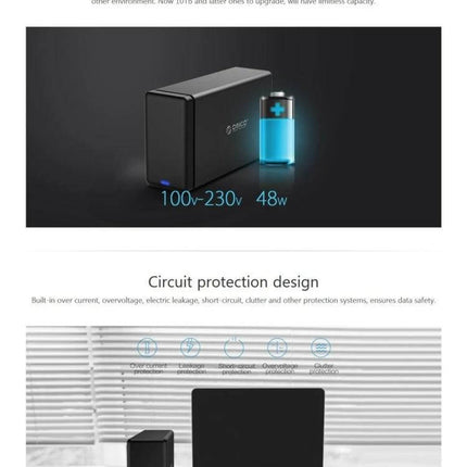 Orico 2-Bay External Hard Drive Enclosure for SATA HDDs showing black enclosure next to laptop highlighting 100v-230v 48W power and circuit protection design