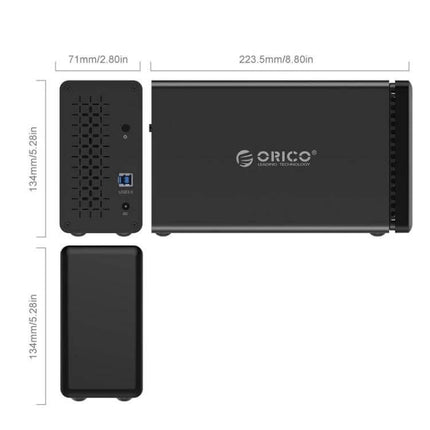 Orico 2-Bay External Hard Drive Enclosure for SATA HDDs shown in three views with dimensions, USB3.0 port and tool-free bays