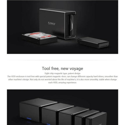 Orico 2-Bay External Hard Drive Enclosure for SATA HDDs showing tool-free bays, swapped HDDs, and compact black storage chassis