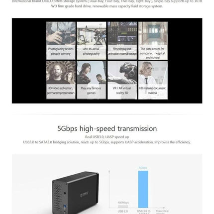 Orico 2-Bay External Hard Drive Enclosure for SATA HDDs tool-free dual-bay docking station for photographers and IT pros, 5Gbps USB3.0