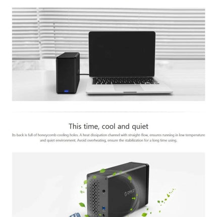 Orico 2-Bay External Hard Drive Enclosure for SATA HDDs shown next to a laptop, tool-free dual-bay external storage solution