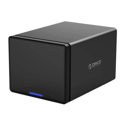 ORICO 5-Bay USB-C External Hard Drive Enclosure for Data Storage showing black tool-free magnetic door design and blue LED indicator