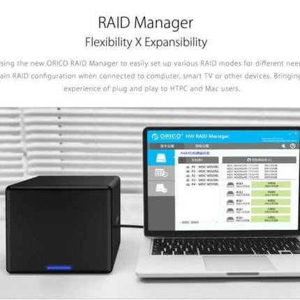 ORICO 5-Bay USB-C External Hard Drive Enclosure for Data Storage next to laptop showing RAID manager software