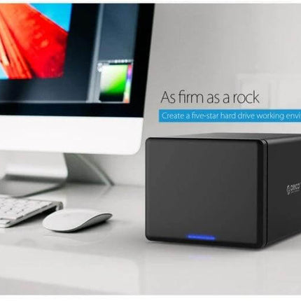 ORICO 5-Bay USB-C External Hard Drive Enclosure for Data Storage on desktop next to iMac, tool-free magnetic door, LED status light