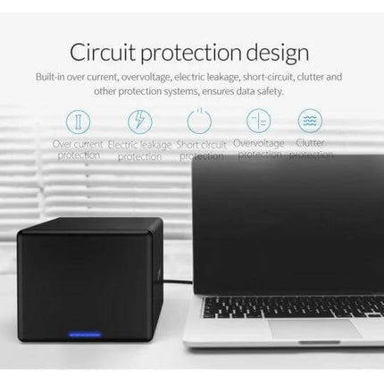 ORICO 5-Bay USB-C External Hard Drive Enclosure for Data Storage next to laptop showing circuit protection design and tool-free magnetic door