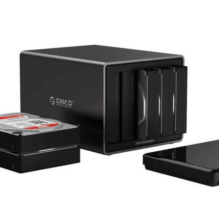 ORICO 5-Bay USB-C External Hard Drive Enclosure for Data Storage black desktop enclosure with three drives inserted and spare drives nearby