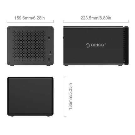 ORICO 5-Bay USB-C External Hard Drive Enclosure for Data Storage showing front, side and top dimensions and black tool-free magnetic door design