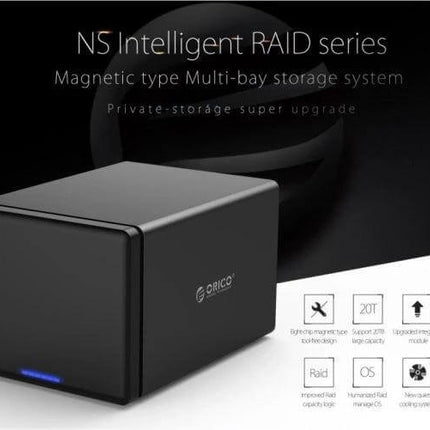 ORICO 5-Bay USB-C External Hard Drive Enclosure for Data Storage - sleek black 5-bay magnetic tool-free RAID storage unit