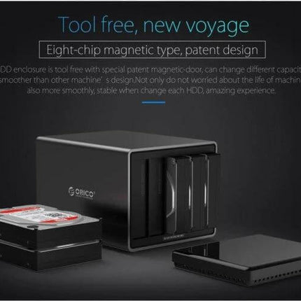 ORICO 5-Bay USB-C External Hard Drive Enclosure for Data Storage showing 5-bay tool-free magnetic door design with multiple HDDs and USB-C connectivity