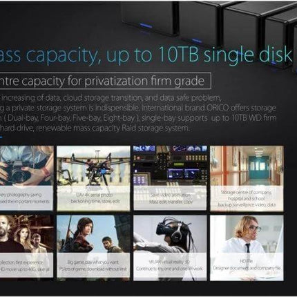 ORICO 5-Bay USB-C External Hard Drive Enclosure for Data Storage - black 5-bay enclosure showing tool-free magnetic door and multiple drives