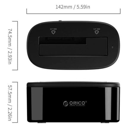 Orico External Hard Drive Dock for 2.5 and 3.5 Inch SATA Drives black dock top and front view with dimensions
